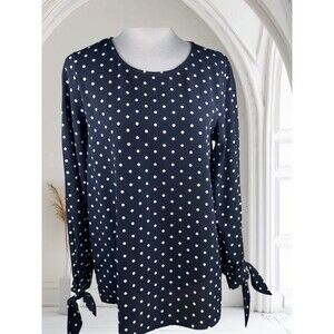 PinkBlush NWT Top Women Sz S Navy Polka Dot Crew Neck Long Slit Sleeve Bow Cuff